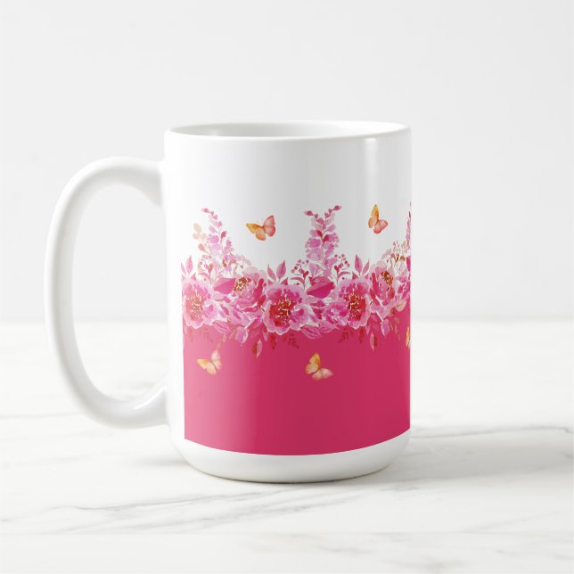 Café Taza de mariposas botánicas rosadas (Izquierda)