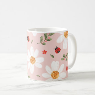 Café Taza de mariquita linda y flor blanca