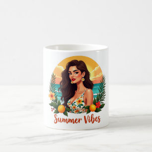 Café Taza de mujer con vibraciones de verano tropical
