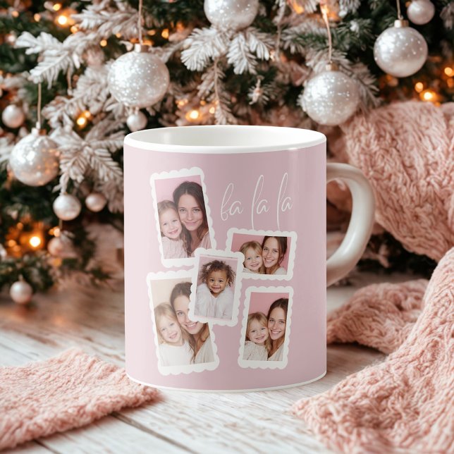 Café Taza de Navidad con Foto Múltiple “Fa La La” Rosa  (Subido por el creador)