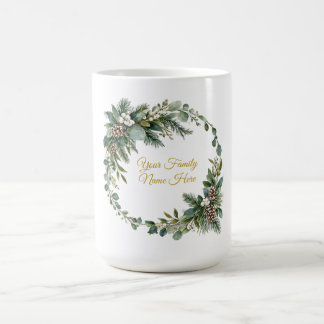 Café Taza de Navidad con nombre de familia con pino y b