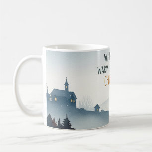 Café Taza de Navidad con paisaje de aldea invernal acog