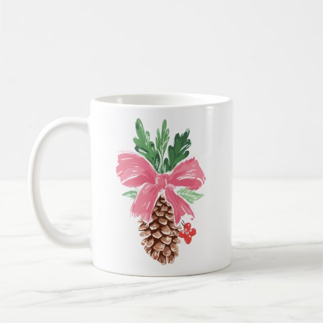 Café Taza de Navidad de Pino Rústico con Lazo Rojo (Izquierda)