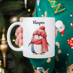 Café Taza de Navidad personalizada de pingüino con acua