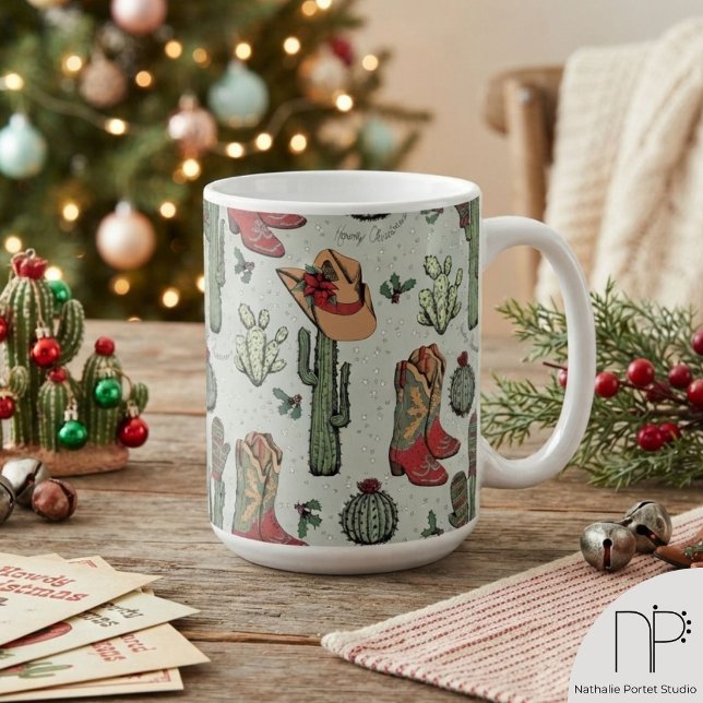 Café Taza de Navidad Western Howdy (This western christmas mug features hand-drawn boots, cacti, and holiday art on sage green.)