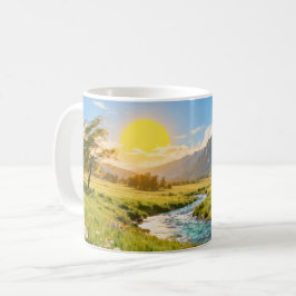 Café Taza de paisaje de montaña y río soleado