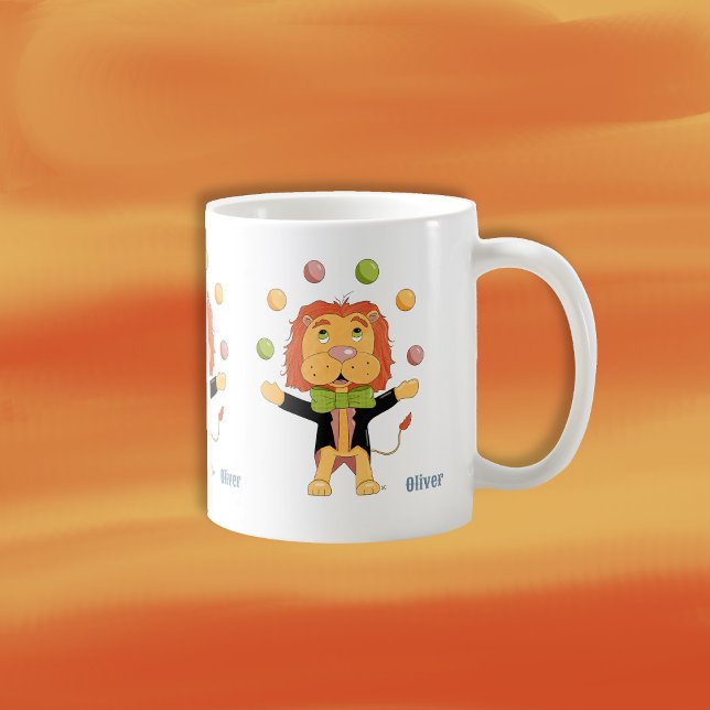 Café Taza de payaso de circo con león para niños con no (Fun personalized mug for (12oz) kids with a juggler lion .)