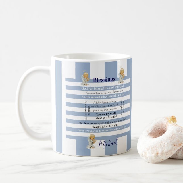 Café Taza de rayas azules y blancas Bendiciones (Con donut)