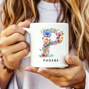 Café Taza de regalo con alfabeto floral personalizado p