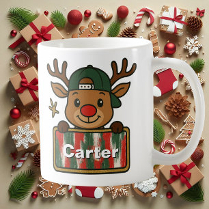 Café Taza de reno con gorra verde de Rudolph lindo para