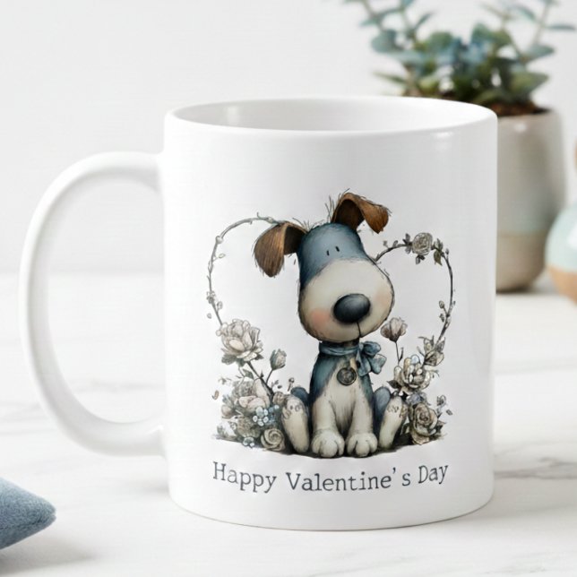 Café Taza de San Valentín de cachorro adorable (blue watercolor cartoon puppy dog happy valentines day mug)