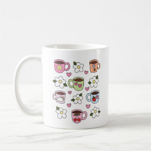 Café Taza de té Kawaii y flores 