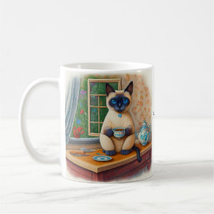 Café Taza de tiempo de té de gato siamés