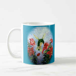 Café Taza del arte de Lillies del colibrí y del
