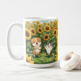 Café Taza del Gato y Perro Lindo en Campo de Girasoles