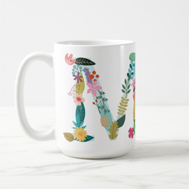 Café Taza del monograma de M, inicial floral de M, (Izquierda)