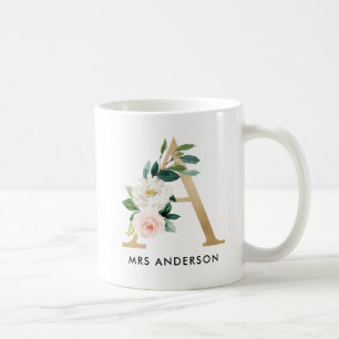 Café Taza del monograma, monograma floral A, regalo de