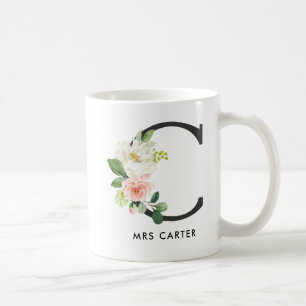 Café Taza del monograma, monograma floral C, regalo de