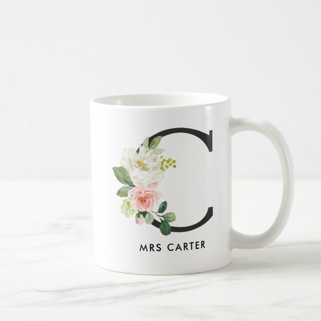 Café Taza del monograma, monograma floral C, regalo de (Derecha)