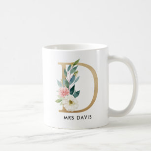 Café Taza del monograma, monograma floral D, regalo de