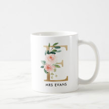 Taza del monograma, monograma floral E, regalo de