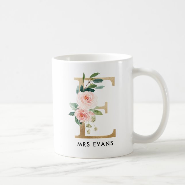 Café Taza del monograma, monograma floral E, regalo de (Derecha)