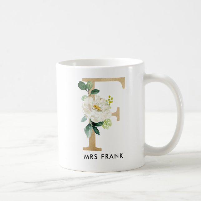 Café Taza del monograma, monograma floral F, regalo de (Derecha)