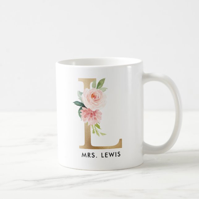 Café Taza del monograma, monograma floral L, regalo de (Derecha)