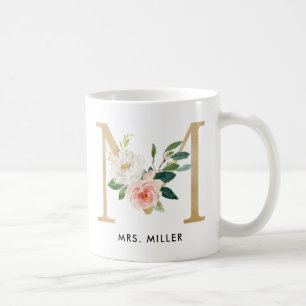 Café Taza del monograma, monograma floral M, regalo de