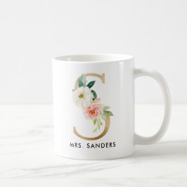 Café Taza del monograma, monograma floral S, regalo de
