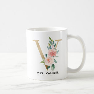 Café Taza del monograma, monograma floral V, regalo de