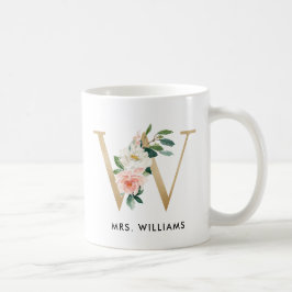 Café Taza del monograma, monograma floral W, regalo de