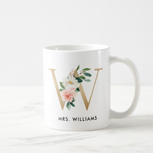 Café Taza del monograma, monograma floral W, regalo de (Derecha)