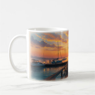 Café 🌅 Taza del puerto con puesta de sol dorada