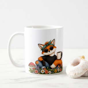 Café Taza del zorro extravagante con gafas de sol y flo