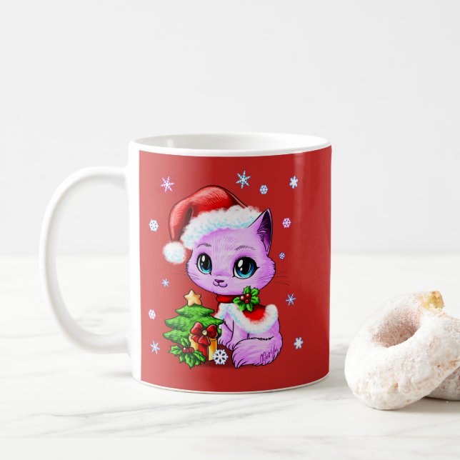 Café Taza dibujada mano hermosa del gato del navidad de (Con donut)