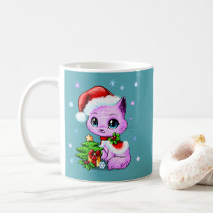 Café Taza dibujada mano hermosa del gato del navidad de