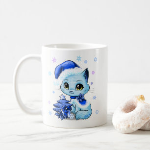 Café Taza dibujada mano hermosa del gato del navidad de