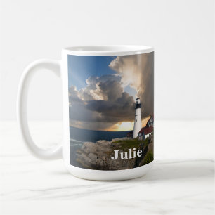 Café Taza Faro de Portland Head y puesta de sol