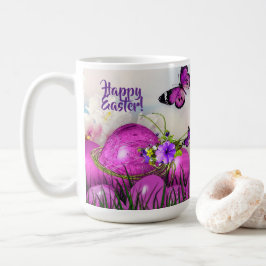 Café Taza Feliz Pascua Morada Huevos de Pascua y Maripo