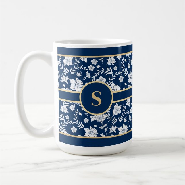 Café Taza floral blanca de la marina (Izquierda)