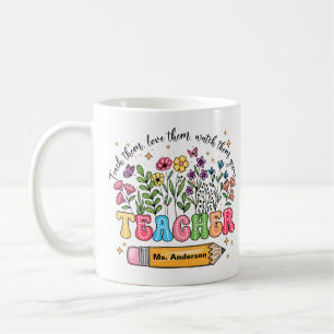 Café Taza floral con nombre de profesor personalizado "