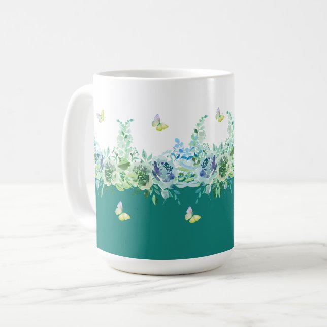 Café Taza floral de mariposas verde turquesa (Anverso izquierdo)
