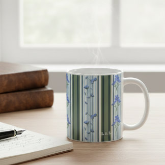 Café Taza floral de rayas azul verde claro