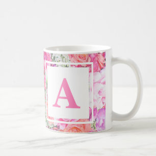 Café Taza floral del monograma de la acuarela