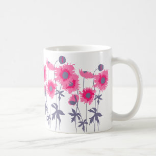 Café Taza gráfica floral de amapolas rosas y grises