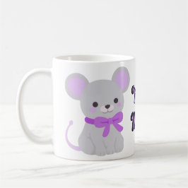Café Taza gris sentada de ratón kawaii lindo con lazo m