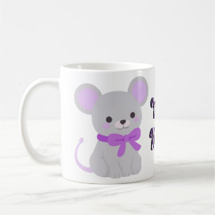 Café Taza gris sentada de ratón kawaii lindo con lazo m