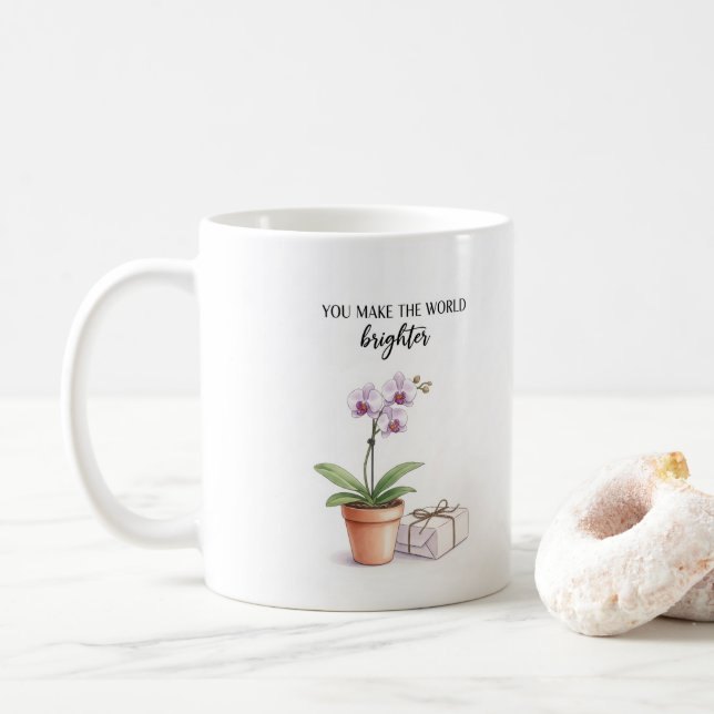Café Taza Inspiradora de Orquídea Acuarela (Con donut)
