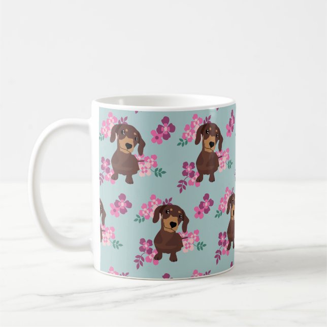 Café Taza linda del estampado de flores de Daschund (Izquierda)